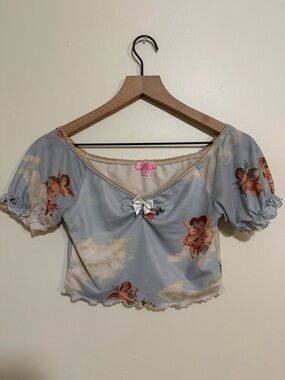 Sugar Thrillz Y2K Gorgeous Sky Blue Cherub Print Puff Sleeve Crop Top